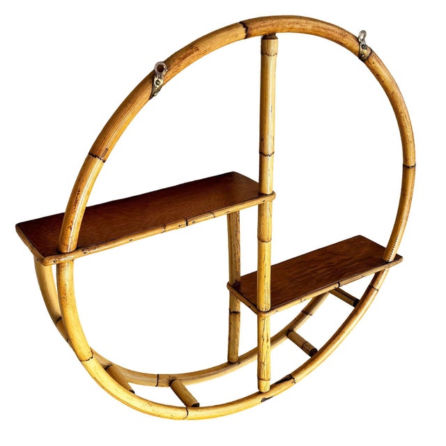 Restored Mid-Century Circular Rattan & Slat Mahogany "Skeleton" Wall Shelf For Sale - Image 4 of 9