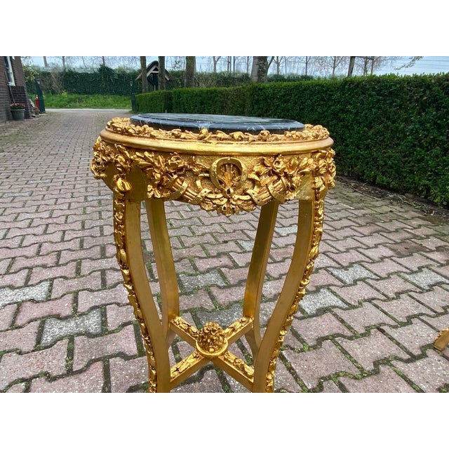 Wood 1980 French Louis XVI Gold Beech Black Marble Side Tables-Pair For Sale - Image 7 of 18