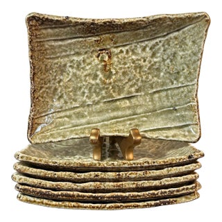 1990s Modern Studio Pottery Green Sushi Plates - Set of Six For Sale