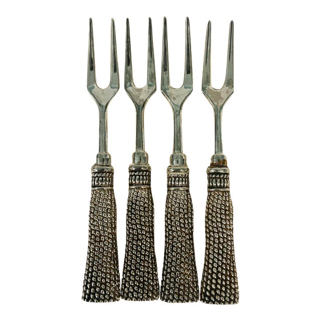 Vintage Silea French Style Silver Plate Tassel Charcuterie & Cocktail Forks – Set of 4 For Sale