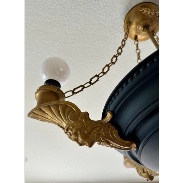 1920s Art Deco Brass Chandelier Black Flat Paint, Roman Woman Motifs, Geometric Chain For Sale - Image 10 of 12