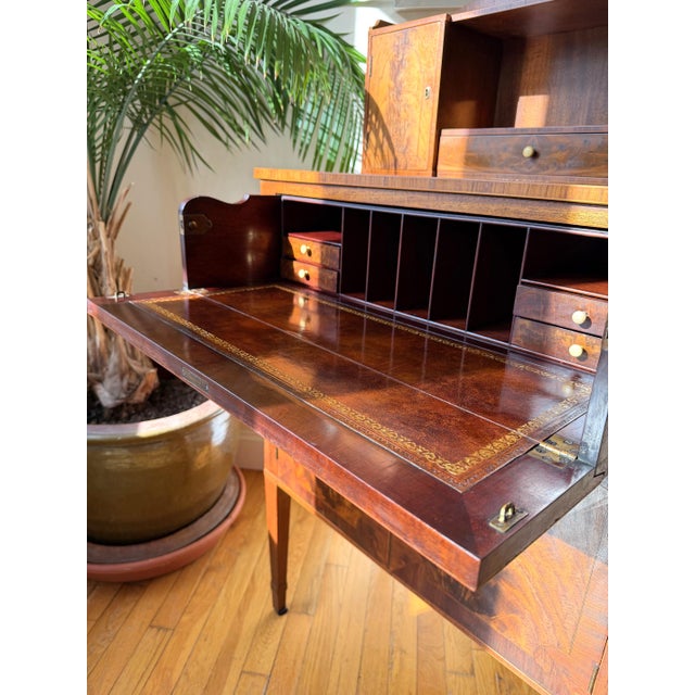 Antique Tennenbaum Flame Mahogany Secretary Desk with Leather Fall Front and Custom Bouclé Chair For Sale - Image 17 of 18