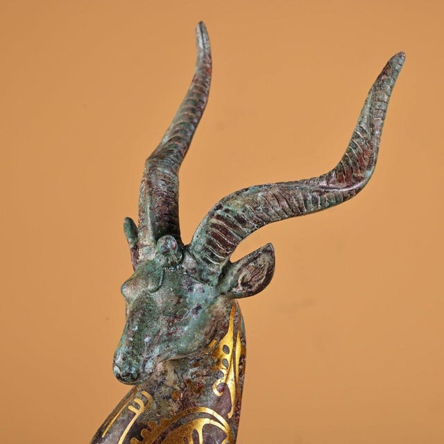 Late 20th Century Bronze Leaping Antelope Sculpture, Intricate Gold Inlaid Scroll Patterns, Archaic Chinoiserie Statue For Sale - Image 5 of 10