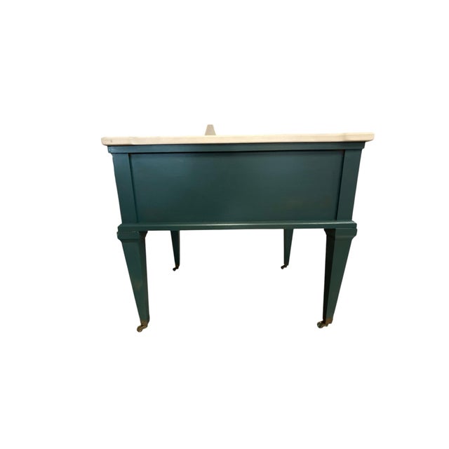 Hollywood Regency Vintage Teal Painted Side Table With Faux Marble Top & Brass Hardware For Sale - Image 3 of 5