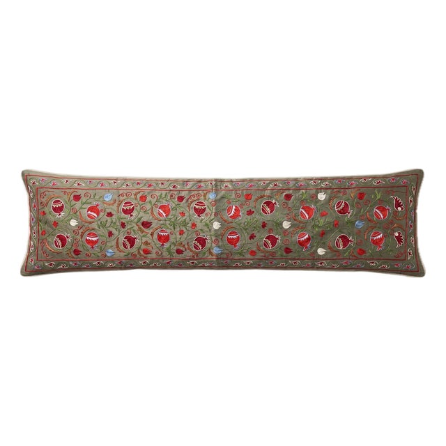 Green Pomegranate Suzani Lumbar Pillow Cover 18'' X 74'' For Sale