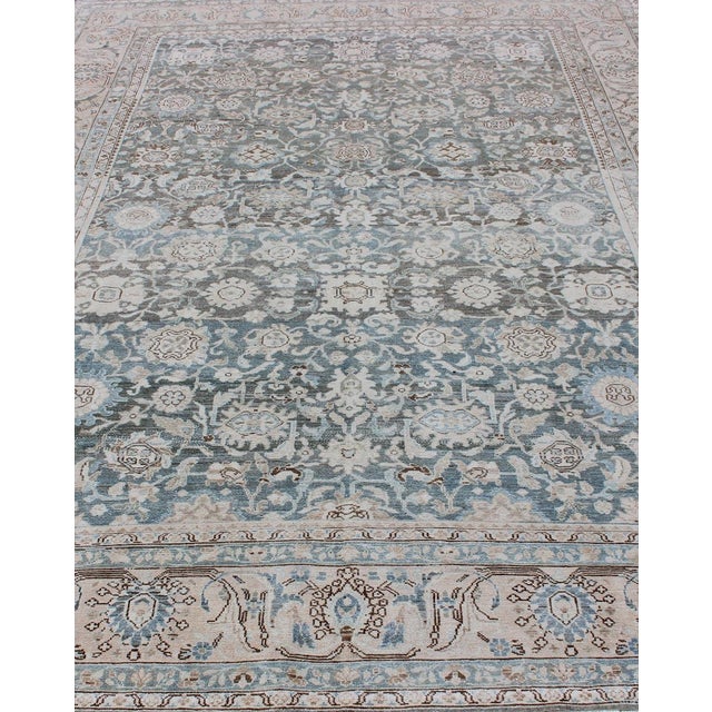Tribal Neutral-Toned Antique Persian Malayer With All-Over Stylized Geometric Design 8'10 X 12'2 For Sale - Image 3 of 12