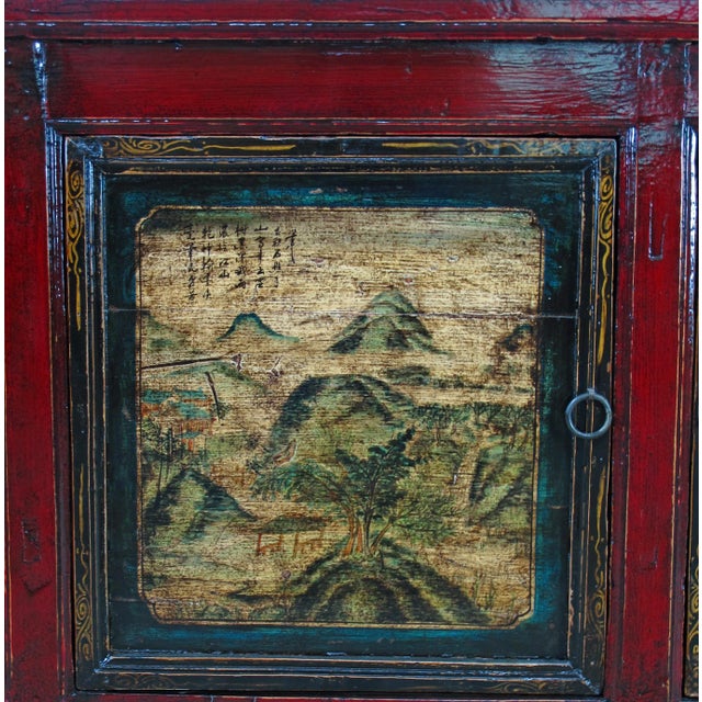 Red Late 19th Century Mongolia Sideboard With Hand Painted Mountains Doors For Sale - Image 8 of 11