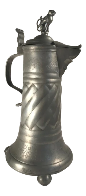 18th Century Austrian-Hungarian Pewter Tankard Hinged Lion Lid.