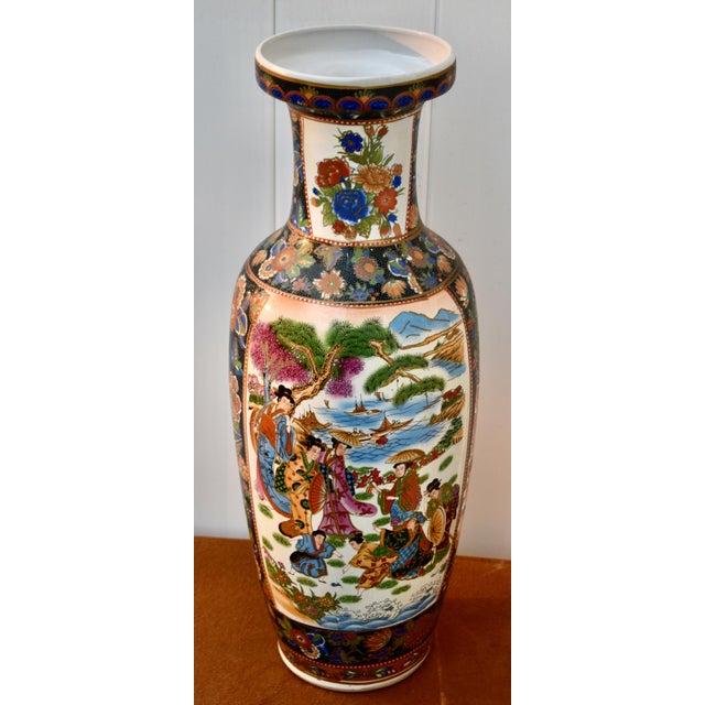 1980s Vintage Chinese Satsuma Style Porcelain Vase Large Geisha Floral Motif 23" For Sale - Image 5 of 18