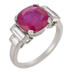 French Mid Century 3.55 Carat Burma Ruby Diamond Platinum Ring, Size 6.5