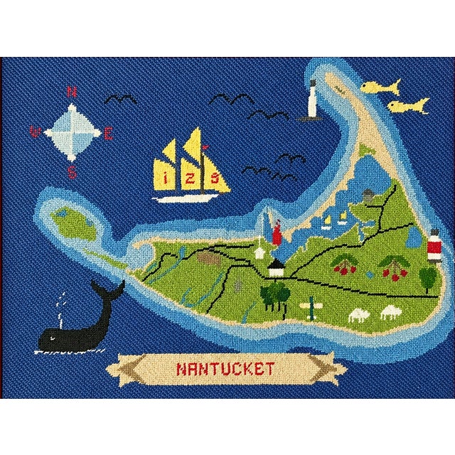 Textile Vintage Nantucket Needlepoint Map Framed Coastal Folk Art For Sale - Image 7 of 12