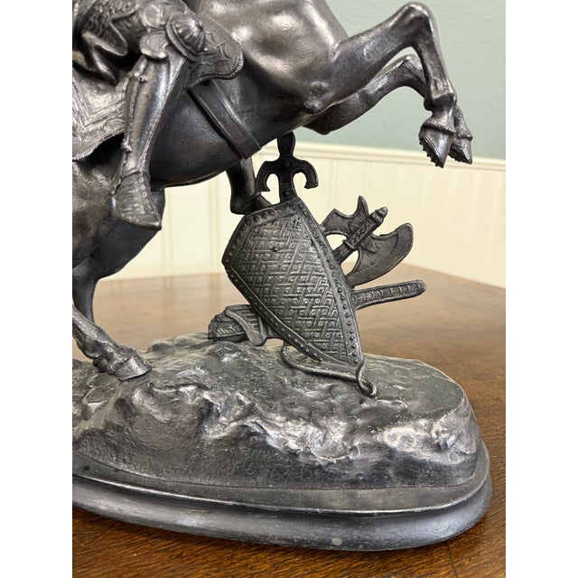 Antique French Pair of Patinated Spelter Sculptures Knights on Horseback For Sale - Image 13 of 16