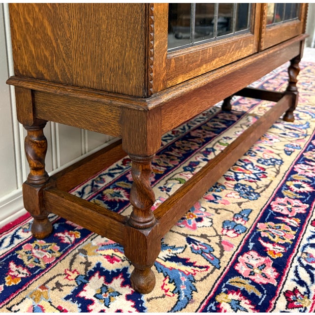 Antique English Bookcase Cabinet Double Door Leaded Wavy Glass Oak c.1930s For Sale - Image 9 of 18