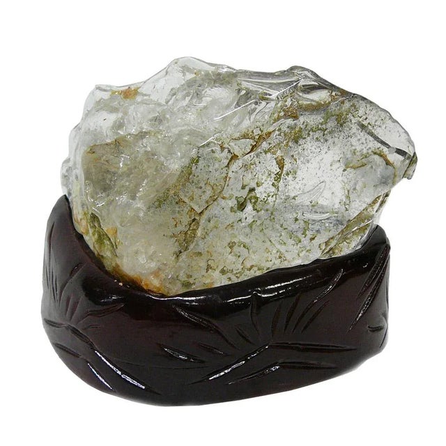 Natural Clear Crystal Hand Carved Goldfish Wave Display On Wood Stand For Sale - Image 4 of 7