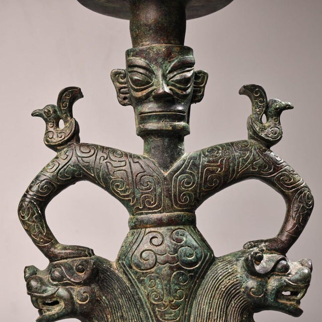 Late 20th Century Vintage Archaic Bronze Human-Form Oil Lamp – Figural Beast Base For Sale - Image 5 of 9