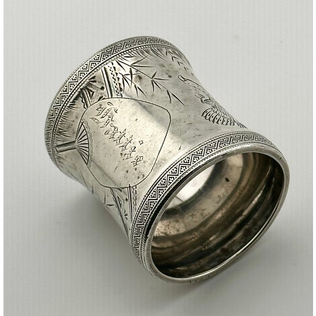 Metal 1880s Antique Victorian Hand Engraved Stering Silver Napkin Ring With Wild Turkeys in Flight for "Hattie" For Sale - Image 7 of 17