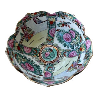Vintage Rose Medallion Scalloped Gilt Edge Lotus Bowl For Sale