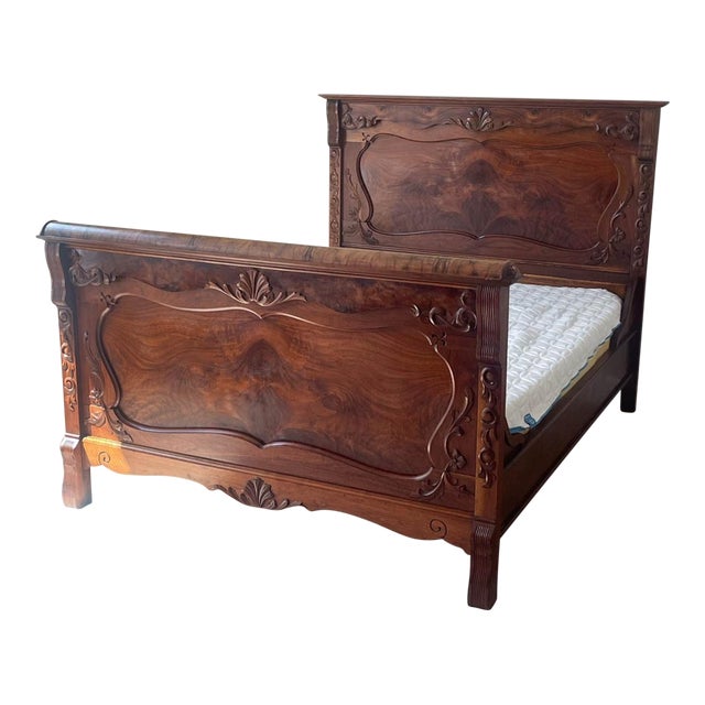 Antique Carved Burlwood Full Size Bed Frame For Sale
