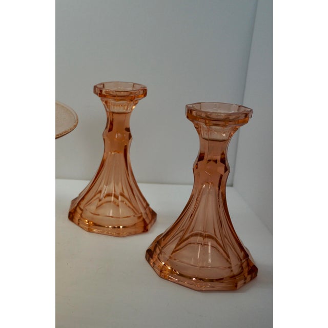 Up for sale is a stunning, matching 3-piece vintage Elegant Glass console centerpiece set in a beautiful, soft rose pink...