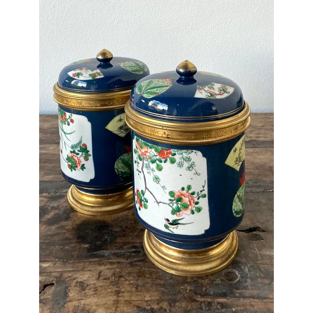Metal Vintage Asian Lidded Floral Ceramic Jars - A Pair For Sale - Image 7 of 7