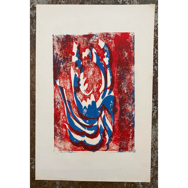 Unsigned abstract blue, red and white woodcut print.
