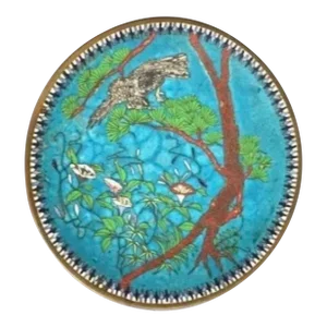 Antique Japanese Meiji Cloisonné Enameled Plate With Flowers & Bird, Circa 1920