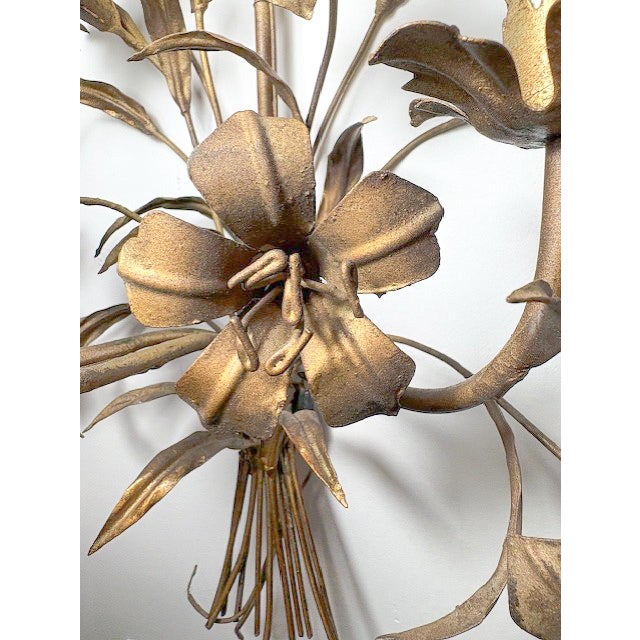 Italian Late 20th Century Gilt 5 Light Tole Sconces Pair For Sale - Image 3 of 3