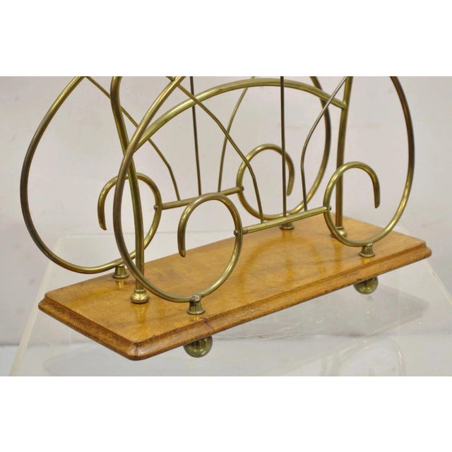 Early 20th Century Antique English Victorian Brass and Oak Wood Scrolling Magazine Rack For Sale - Image 5 of 11