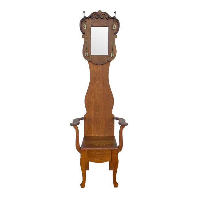 Antique Tall Tiger Oak Hall Seat With Mirror For Sale