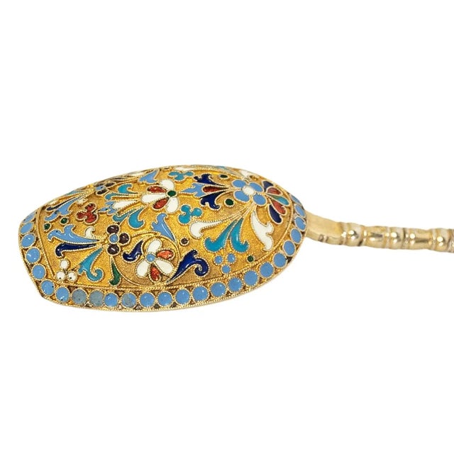Antique Imperial Russian Silver Gilt Cloisonne Tea Caddy Spoon Moscow 1880 For Sale In Portland, OR - Image 6 of 12