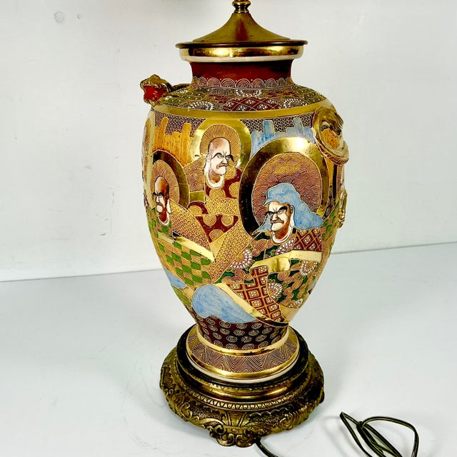 Vintage Hand Painted Japanese Satsuma Moriage Ironstone Table Lamp With Raised Relief Dragon For Sale - Image 12 of 17