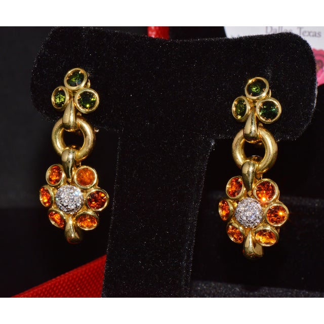 Authentic Vintage Piero Milano 5.40Cts Natural Spessartite Garnet Green Tourmaline Diamond Solid 18k Gold Earrings, Pair For Sale - Image 14 of 16