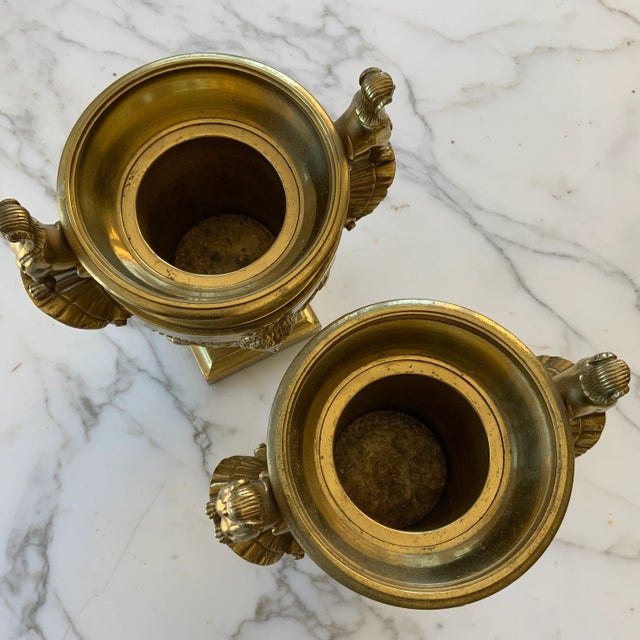 Late 18th Century French Gilt Metal Urn Form Garnitures on Plinth Bases - a Pair For Sale - Image 4 of 11