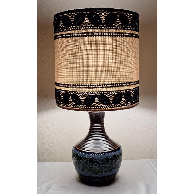 Beige Vintage Table Lamp with Blue-Brown Ceramic Base and Fabric Shade, 1970s For Sale - Image 8 of 8