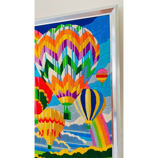 Late 20th Century Vintage Mid Century Modern Colorful Hot Air Balloons Montgolfier Needlepoint Framed For Sale - Image 5 of 10