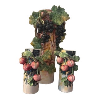 Classic Trio of Vintage 1960s Italian Barbotine Majolica Vases Visceral Composition For Sale