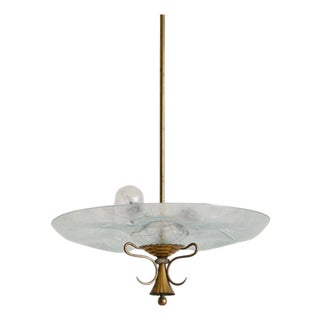 1950s Italian Brass + Etched Glass Pendant in the Manner of Pietro Chiesa For Sale