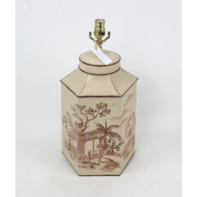 Vintage English Export Tea Caddy Hand-Painted colored Chinoiserie Table Lamp.retro Hexagon table lamp. size：9.25” * 8.25"...