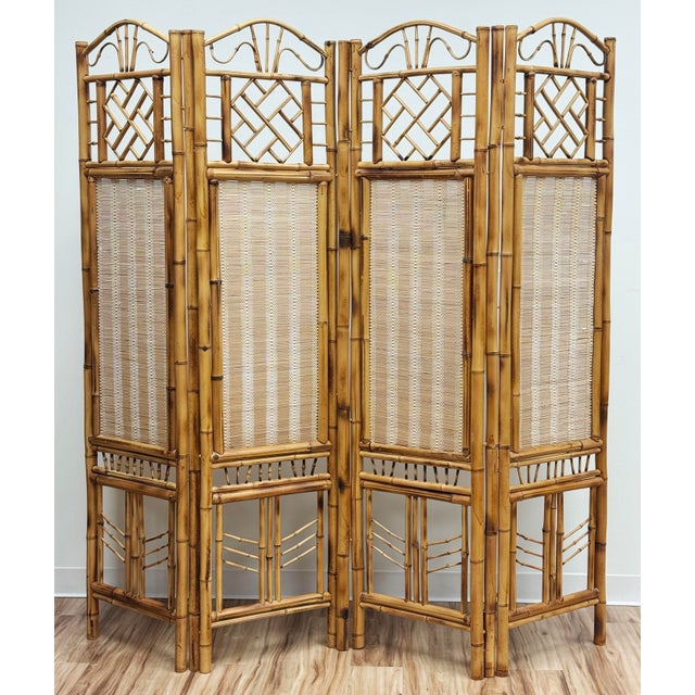 Wood Vintage Bamboo Chippendale Style Four Panel Screen Room Divider For Sale - Image 7 of 7
