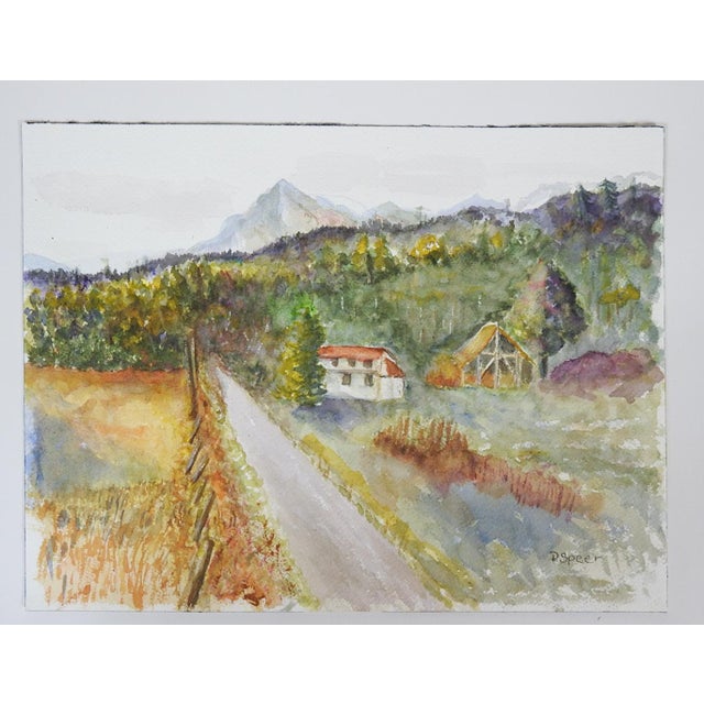 Late 20th century watercolor on paper painting of mountain valley homestead farm. Signed P. Speer lower right corner....