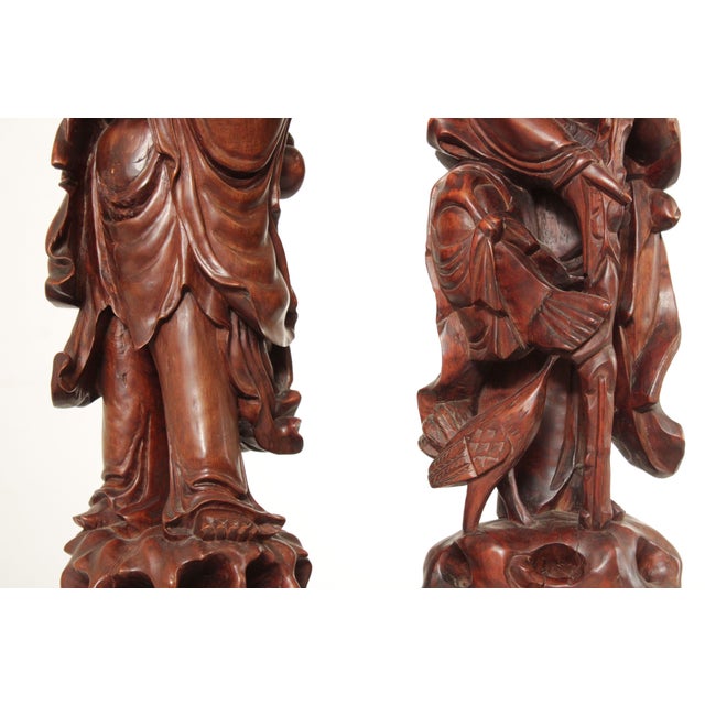 Vintage Pair Of Carved Hard Wood Chinese Figural Table Lamps With Brass Hardware For Sale - Image 4 of 12