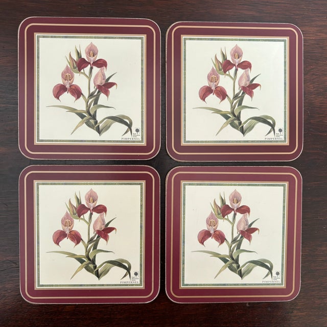 Pimpernel, England Royal Horticultural Society Botanical Orchid Coasters — Set of 4 For Sale - Image 12 of 12