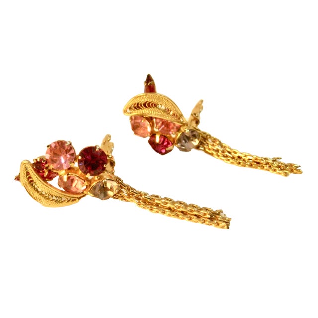 Modern 1960s Vintage Multi-Colored Glass Stones Gold Filigree Tassel Earrings, 2 Pieces For Sale - Image 3 of 5