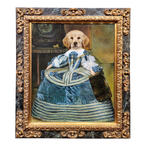 Thierry Poncelet-Portrait of a Puppy Golden Retriever in a Blue Dress-Oil Painting