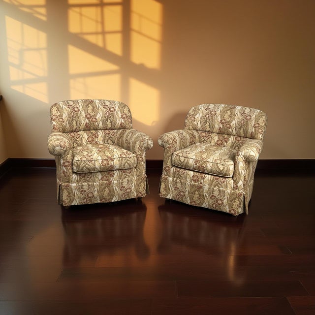 Pair Vintage Custom Upholstered Club Chairs One Swivel Chair and One Fixed For Sale In Boston - Image 6 of 11