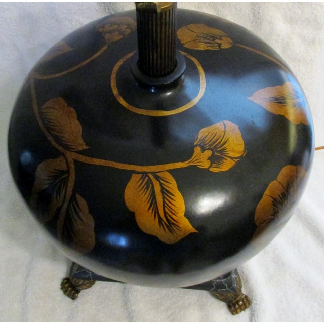 Large Brown With Painted Gold Peonies Orb Accent Lamp and Silk Gold Shade For Sale In Miami - Image 6 of 13