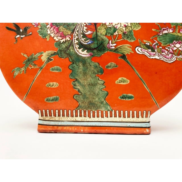 Antique Chinese Chinoiserie Porcelain Flat Urn With Two Handles in Persimmon Orange With Green Birds and Cherry Blossoms For Sale - Image 9 of 13