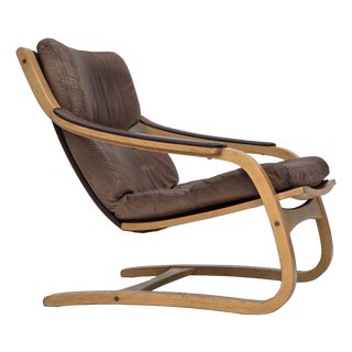Swedish Leather and Bentwood Lounge Chair by Åke Fribytter, 1970s For Sale