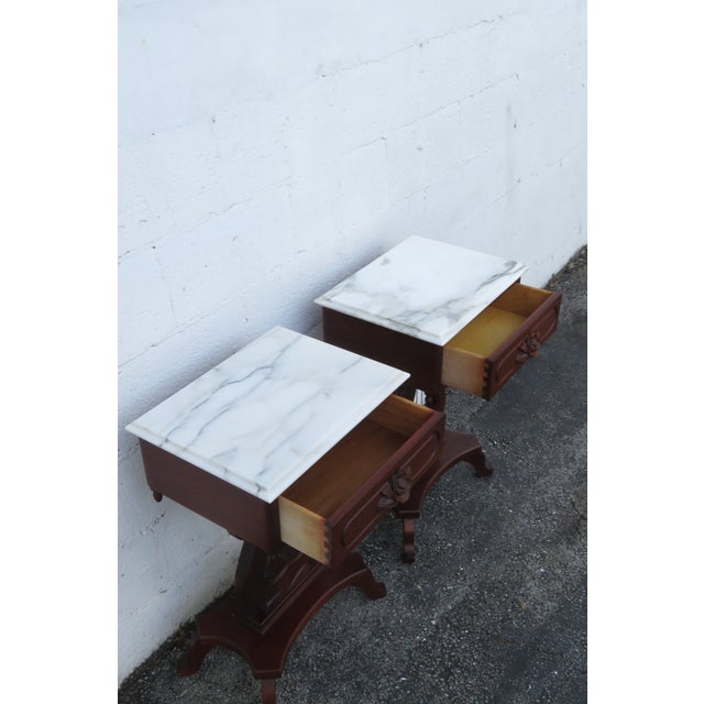 Mid 20th Century Victorian Style Marble Top Harp Design Side End Tables Nightstands a Pair For Sale - Image 17 of 18