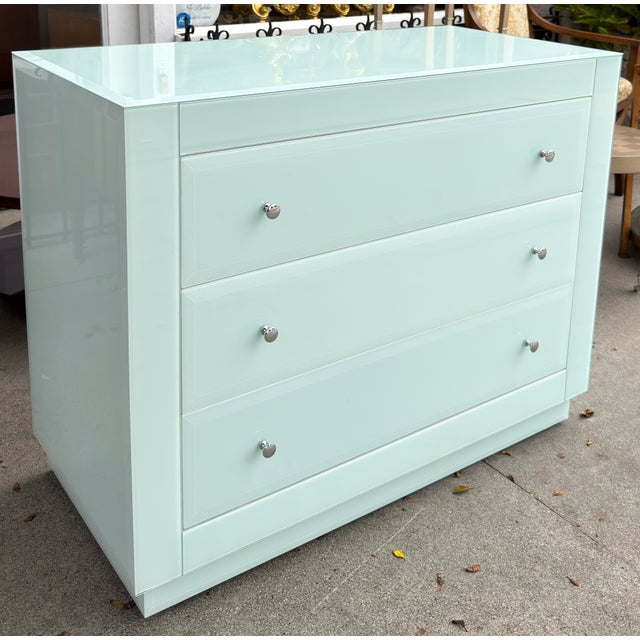 Modern Designer Blue Glass Chest of Drawers Commode Nightstand.